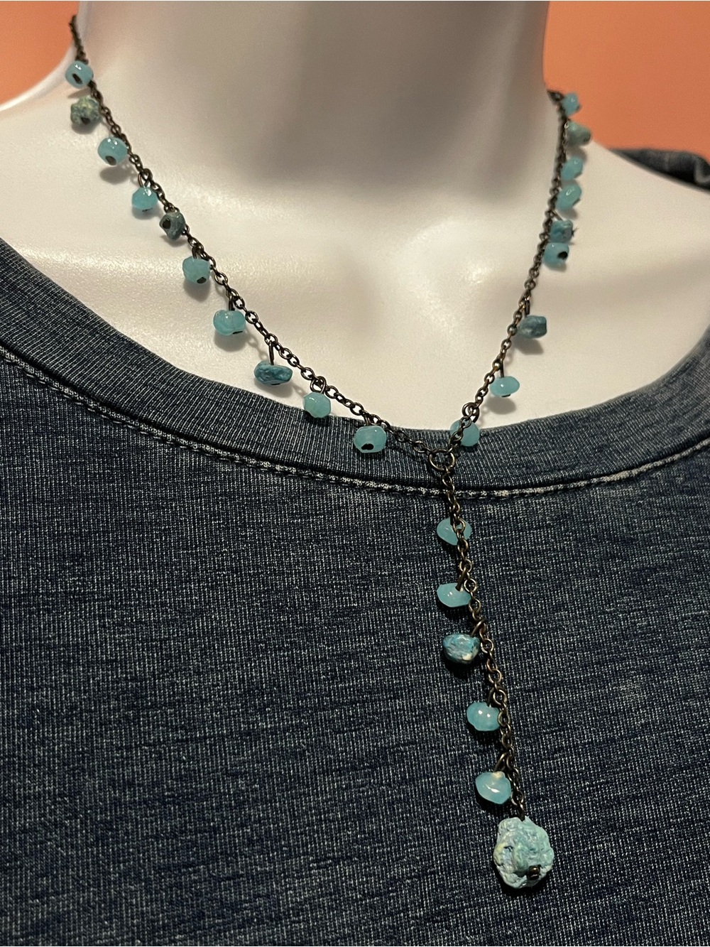 Delicate Blue Beaded Lariat Necklace - Women Jewelry